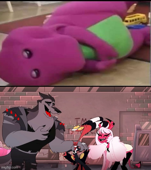 Blitzo, Verosika, and Tex laugh at Barney’s defeat | image tagged in deviantart,barney the dinosaur,helluva boss | made w/ Imgflip meme maker