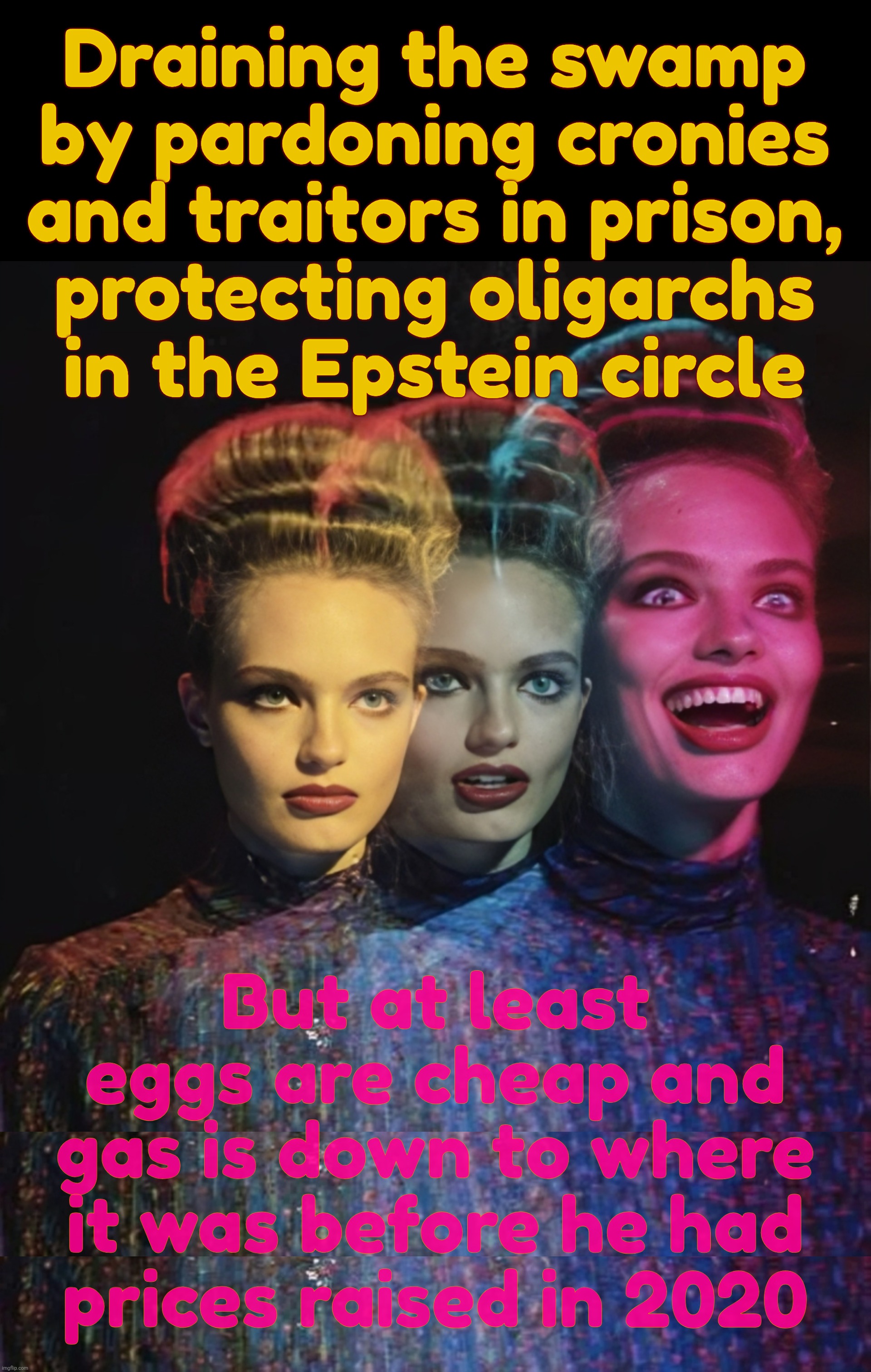 Draining the swamp
by pardoning cronies
and traitors in prison,
protecting oligarchs
in the Epstein circle; But at least
eggs are cheap and
gas is down to where
it was before he had
prices raised in 2020 | image tagged in hardy har har ii | made w/ Imgflip meme maker