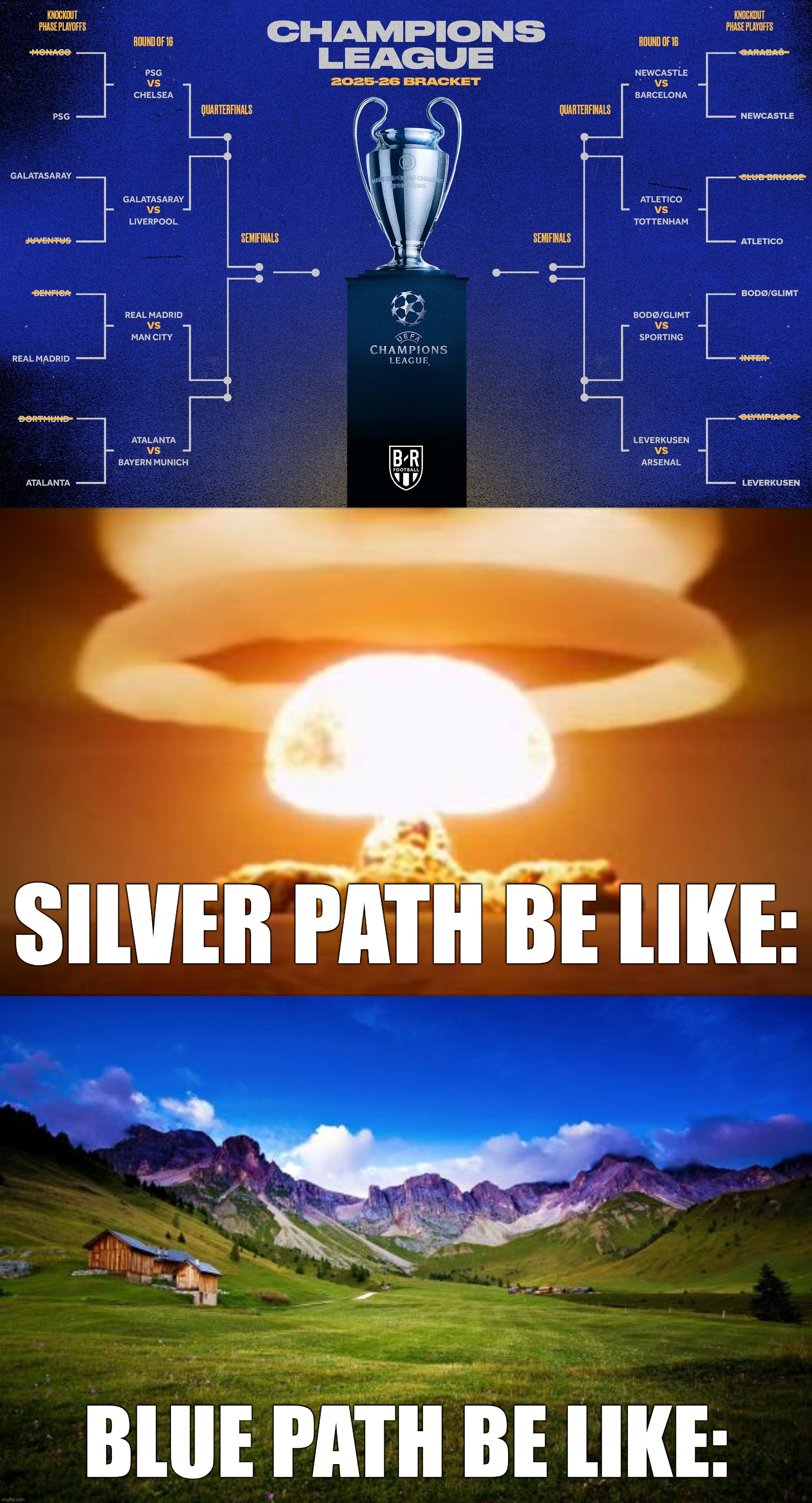 UCL Last 16 Draw | AFTERMATH | SILVER PATH BE LIKE:; BLUE PATH BE LIKE: | image tagged in champions league,soccer,football,memes,funny,fr fr ong | made w/ Imgflip meme maker