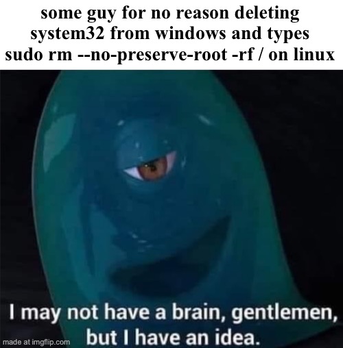 sudo and system32 | some guy for no reason deleting system32 from windows and types sudo rm --no-preserve-root -rf / on linux | image tagged in i may not have a brain | made w/ Imgflip meme maker