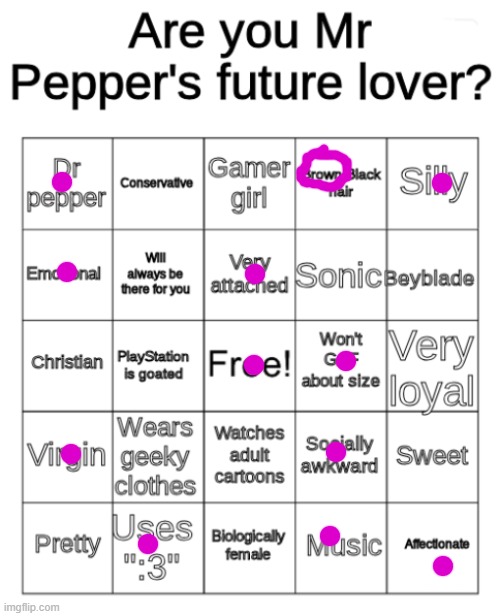 image tagged in mr pepper's future lover bingo | made w/ Imgflip meme maker