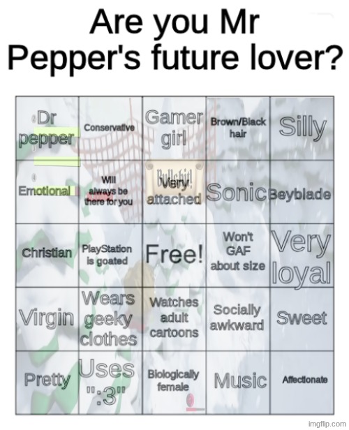 image tagged in mr pepper's future lover bingo | made w/ Imgflip meme maker