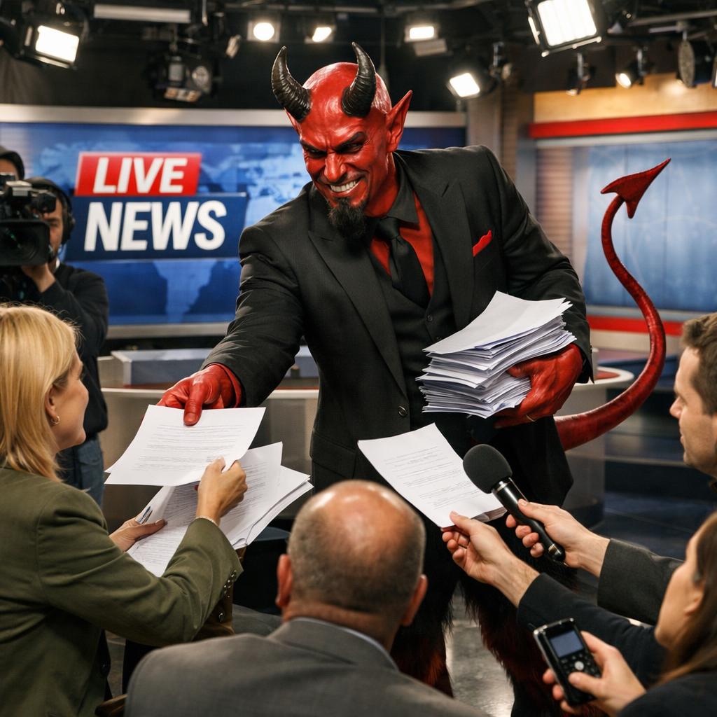 the Devil hands out sheets of paper to reporters in a television Blank Meme Template