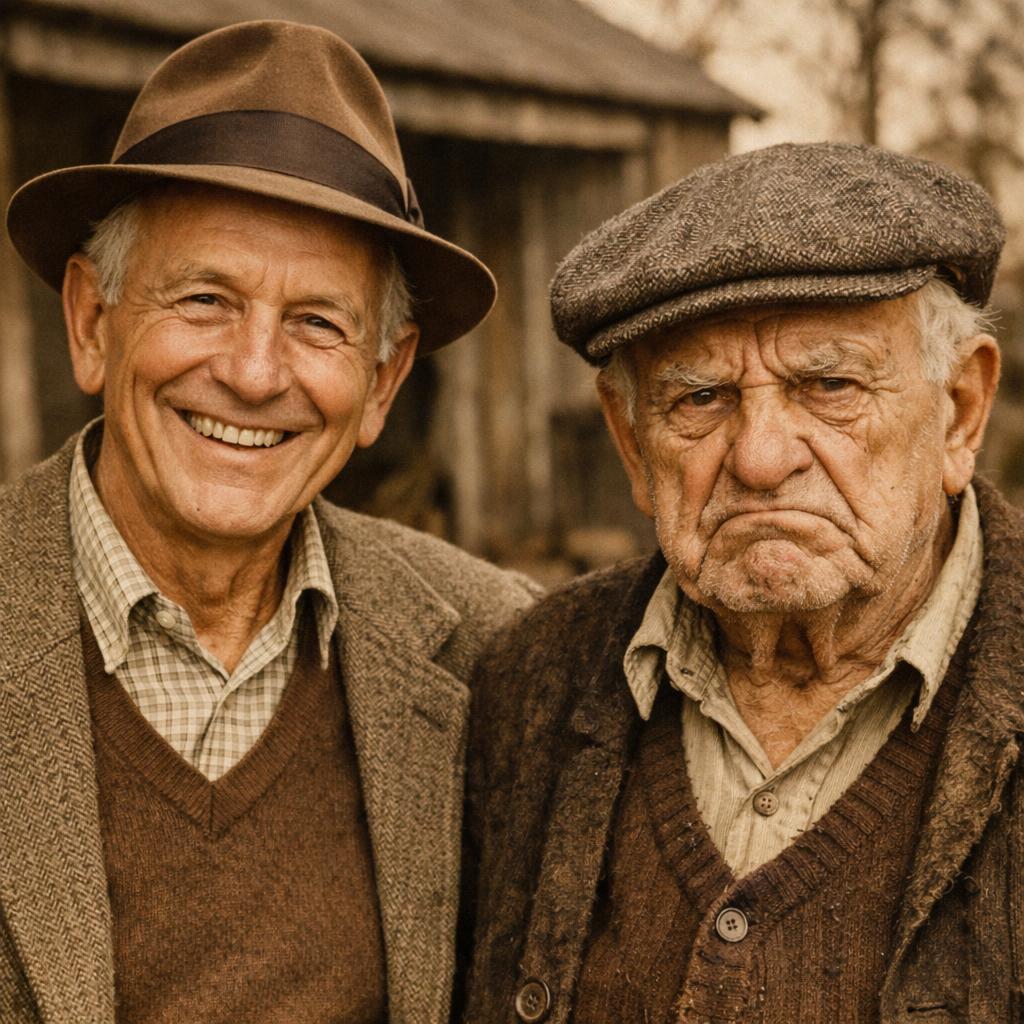 A SMILING MAN AGE 65 AND AN OLD GRUMPY MAN AGE 80 Blank Meme Template