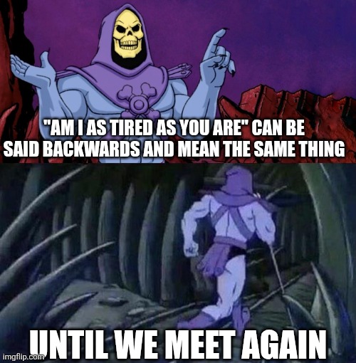 Interesting | "AM I AS TIRED AS YOU ARE" CAN BE SAID BACKWARDS AND MEAN THE SAME THING; UNTIL WE MEET AGAIN | image tagged in he man skeleton advices,waiting skeleton,skeleton,skeletor disturbing facts,he-man,lol so funny | made w/ Imgflip meme maker