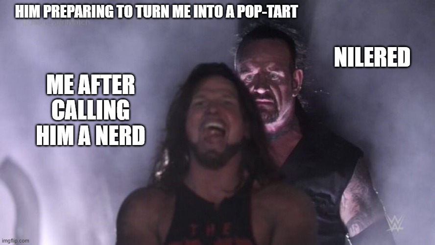 AJ Styles & Undertaker | NILERED; HIM PREPARING TO TURN ME INTO A POP-TART; ME AFTER CALLING HIM A NERD | image tagged in aj styles undertaker | made w/ Imgflip meme maker