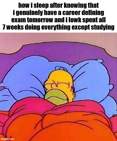 Welp too late now!! | how i sleep after knowing that i genuinely have a career defining exam tomorrow and i lowk spent all 7 weeks doing everything except studying | image tagged in homer simpson sleeping peacefully,exam,homer simpson | made w/ Imgflip meme maker