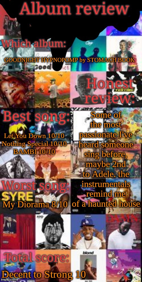 the only reason my diorama is worst is because its the 2nd shortest | GOODNIGHT HYPNOPOMP by STOMACH BOOK; Some of the most passionate I've heard someone sing before, maybe 2nd to Adele. the instrumentals remind me of a haunted house; Let You Down 10/10
Nothing Special 10/10
BAMBI 10/10; My Diorama 8/10; Decent to Strong 10 | image tagged in album review | made w/ Imgflip meme maker