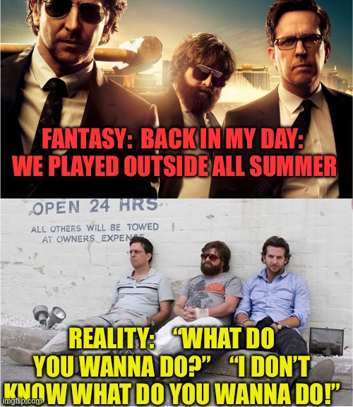 Back in my Day…… | FANTASY:  BACK IN MY DAY:   WE PLAYED OUTSIDE ALL SUMMER; REALITY:    “WHAT DO YOU WANNA DO?”    “I DON’T KNOW WHAT DO YOU WANNA DO!” | image tagged in expectation vs reality,fun,reality,summer time,joke | made w/ Imgflip meme maker