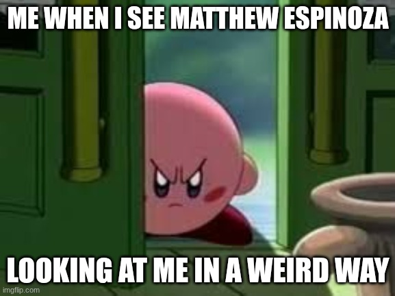 Me and him are enemies, so this makes sense | ME WHEN I SEE MATTHEW ESPINOZA; LOOKING AT ME IN A WEIRD WAY | image tagged in pissed off kirby | made w/ Imgflip meme maker