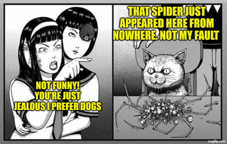 Did the cat allied with the spider? | THAT SPIDER JUST APPEARED HERE FROM NOWHERE. NOT MY FAULT; NOT FUNNY! YOU'RE JUST JEALOUS I PREFER DOGS | image tagged in girl pointing at cat junji ito version | made w/ Imgflip meme maker