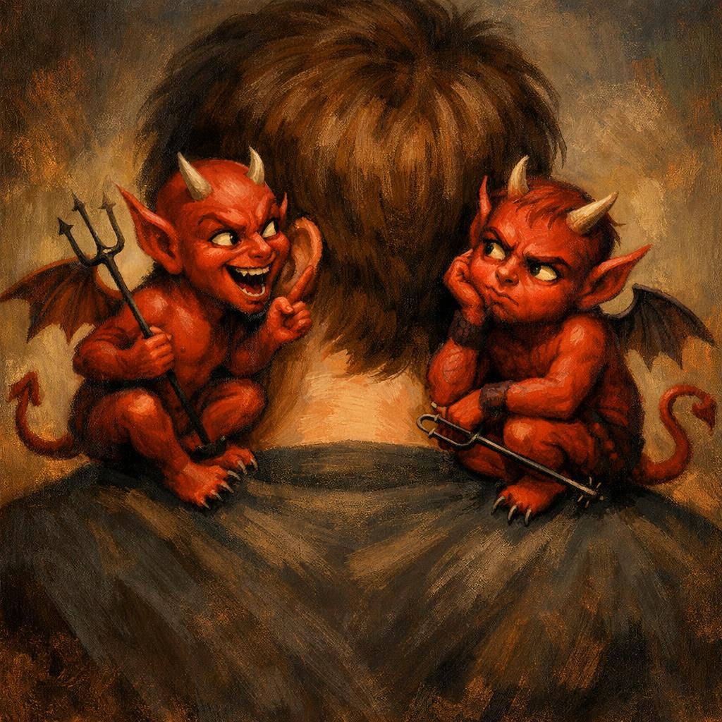 two devils sitting on someones shoulder but animated Blank Meme Template