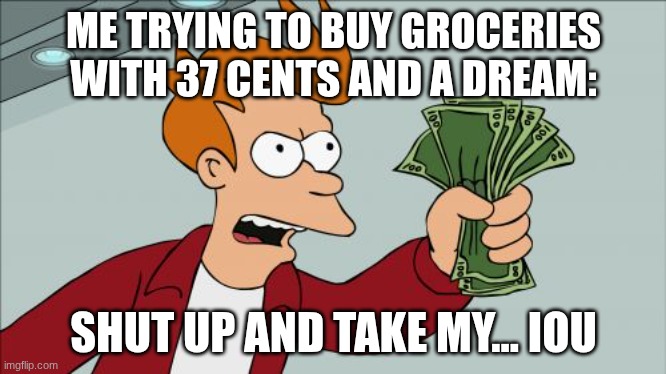 Shut Up And Take My Money Fry Meme | ME TRYING TO BUY GROCERIES WITH 37 CENTS AND A DREAM:; SHUT UP AND TAKE MY... IOU | image tagged in memes,shut up and take my money fry | made w/ Imgflip meme maker