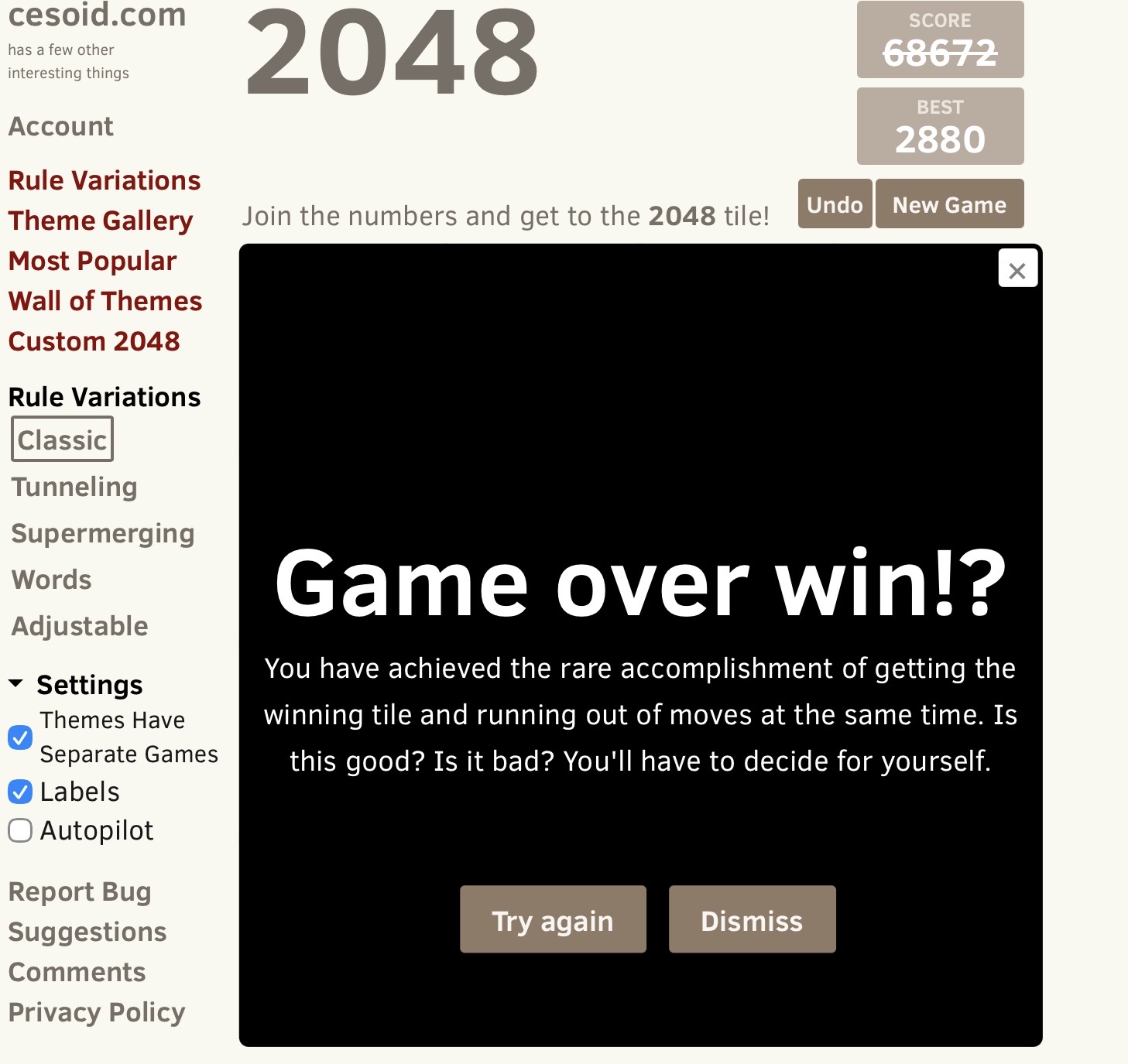 2048 Game Over Win Blank Meme Template