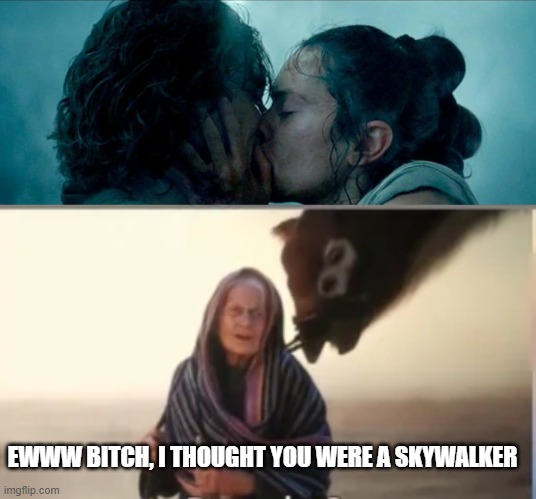 Rey Kiss | EWWW BITCH, I THOUGHT YOU WERE A SKYWALKER | image tagged in rey who | made w/ Imgflip meme maker
