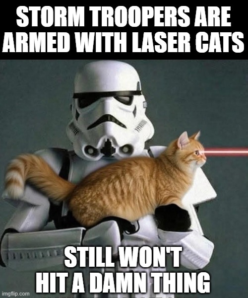 Laser Cats in the Empire | STORM TROOPERS ARE ARMED WITH LASER CATS; STILL WON'T HIT A DAMN THING | image tagged in storm trooper cats | made w/ Imgflip meme maker