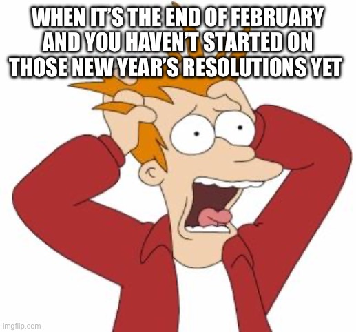 Ahhhh | WHEN IT’S THE END OF FEBRUARY AND YOU HAVEN’T STARTED ON THOSE NEW YEAR’S RESOLUTIONS YET | image tagged in fry freaking out | made w/ Imgflip meme maker