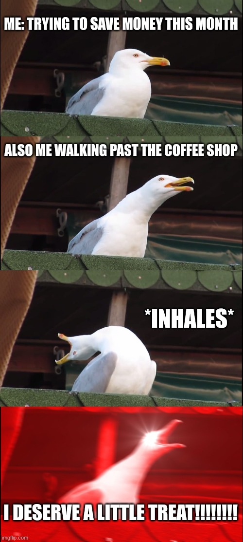 Inhaling Seagull Meme | ME: TRYING TO SAVE MONEY THIS MONTH; ALSO ME WALKING PAST THE COFFEE SHOP; *INHALES*; I DESERVE A LITTLE TREAT!!!!!!!! | image tagged in memes,inhaling seagull | made w/ Imgflip meme maker
