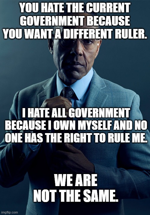 Gus Fring we are not the same | YOU HATE THE CURRENT GOVERNMENT BECAUSE YOU WANT A DIFFERENT RULER. I HATE ALL GOVERNMENT BECAUSE I OWN MYSELF AND NO ONE HAS THE RIGHT TO RULE ME. WE ARE NOT THE SAME. | image tagged in gus fring we are not the same,government,rights,myself | made w/ Imgflip meme maker