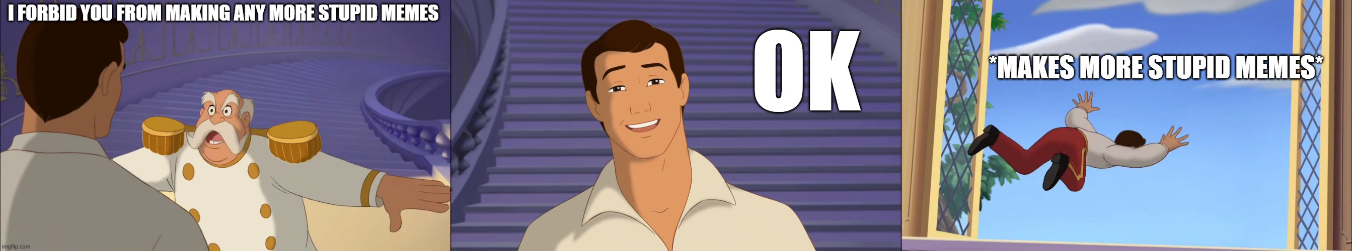 You can't stop me from making stupid memes | I FORBID YOU FROM MAKING ANY MORE STUPID MEMES; OK; *MAKES MORE STUPID MEMES* | image tagged in cinderella,prince charming,funny memes | made w/ Imgflip meme maker