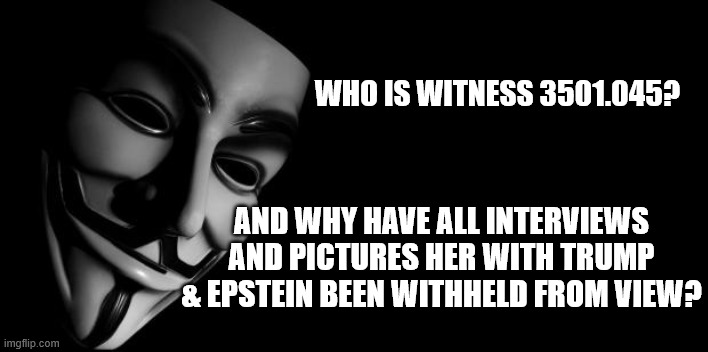 You know the reason why | WHO IS WITNESS 3501.045? AND WHY HAVE ALL INTERVIEWS AND PICTURES HER WITH TRUMP & EPSTEIN BEEN WITHHELD FROM VIEW? | image tagged in anonymous,donald trump,epstein,pedophile | made w/ Imgflip meme maker