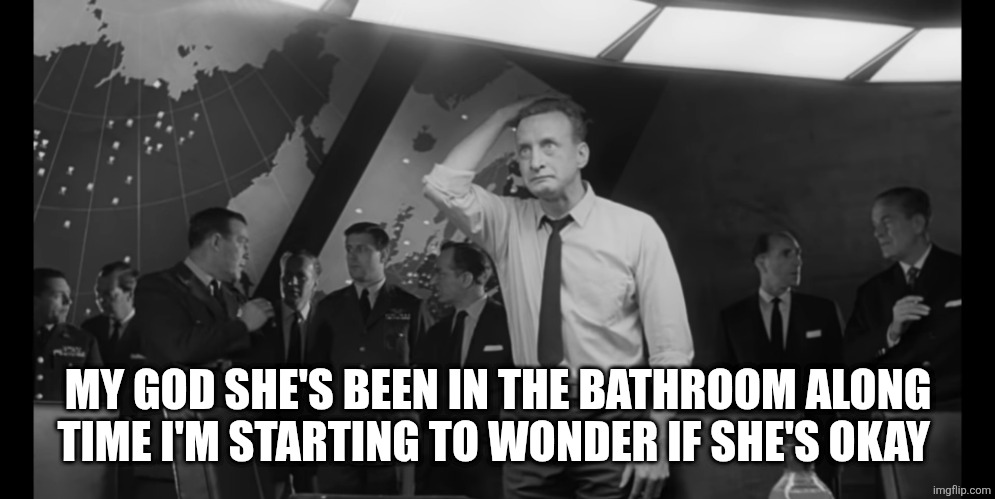 Dr Strangelove Hysterical | MY GOD SHE'S BEEN IN THE BATHROOM ALONG TIME I'M STARTING TO WONDER IF SHE'S OKAY | image tagged in dr strangelove hysterical | made w/ Imgflip meme maker