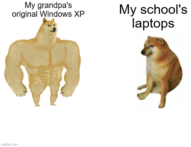This shouldn't have to be relatable, come on schools | My grandpa's original Windows XP; My school's laptops | image tagged in memes,buff doge vs cheems,funny,relatable,school,laptop | made w/ Imgflip meme maker