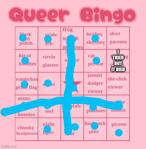 Chat I might be queer | I TRIED BUT IT DIED | image tagged in queer bingo | made w/ Imgflip meme maker