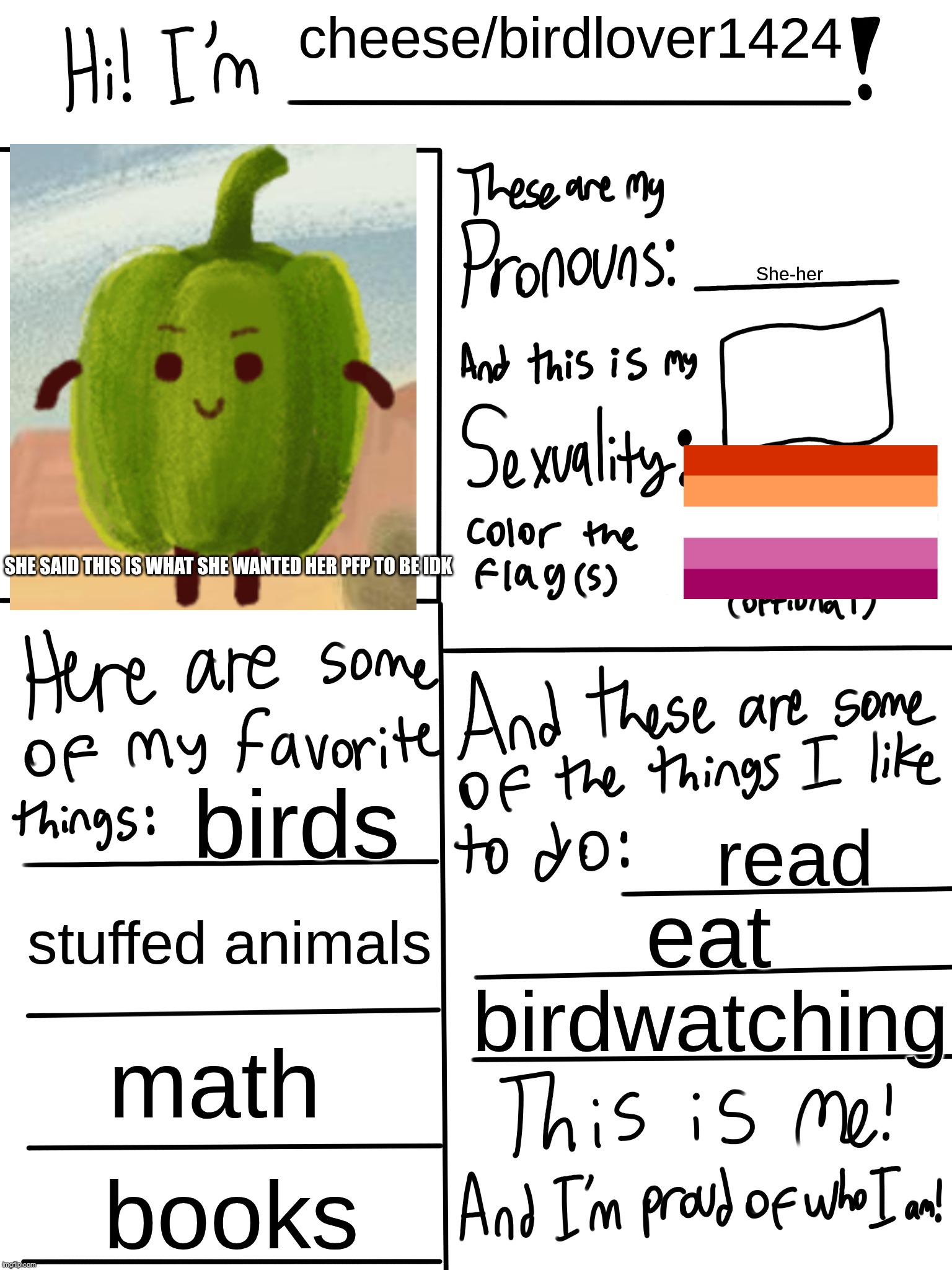 This is my little sister. She isn't on this site but I thought it would be fun if she introduced herself | cheese/birdlover1424; She-her; SHE SAID THIS IS WHAT SHE WANTED HER PFP TO BE IDK; birds; read; stuffed animals; eat; birdwatching; math; books | image tagged in lgbtq stream account profile | made w/ Imgflip meme maker