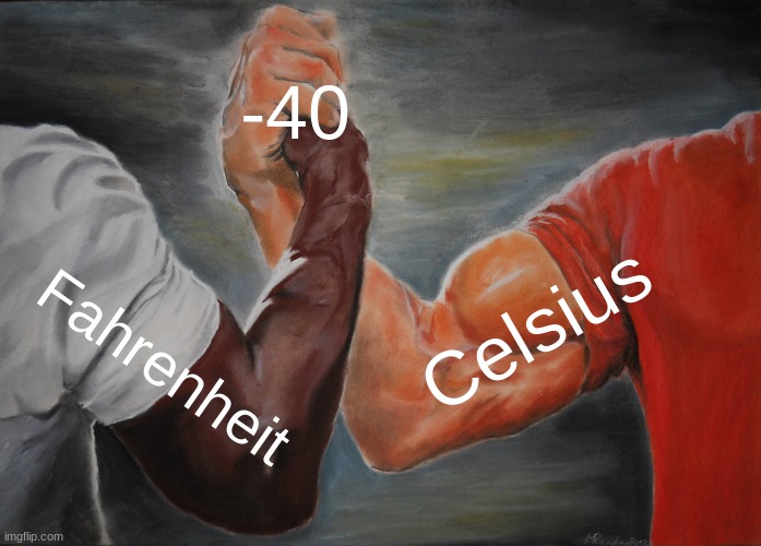 farheenrheit & celcios for some reason (idk how to spell) | -40; Celsius; Fahrenheit | image tagged in memes,epic handshake | made w/ Imgflip meme maker