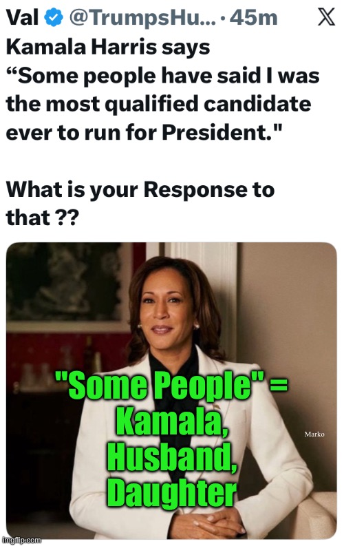 She's right, you know | Marko; "Some People" =
Kamala,
Husband,
Daughter | image tagged in memes,lefty is delusional depraved demented,yall got a brain disease,fvck up yer own lives not ours,fjb voters kissmyass | made w/ Imgflip meme maker