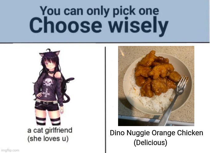 Definitely My Culinary Masterpiece | Dino Nuggie Orange Chicken; (Delicious) | image tagged in choose wisely,memes,dinosaur,food memes,relatable memes,lol | made w/ Imgflip meme maker