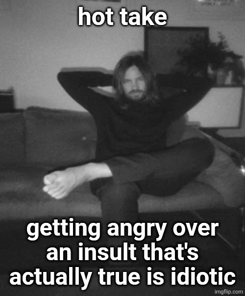 Kevin Parker sitting | hot take; getting angry over an insult that's actually true is idiotic | image tagged in kevin parker sitting | made w/ Imgflip meme maker