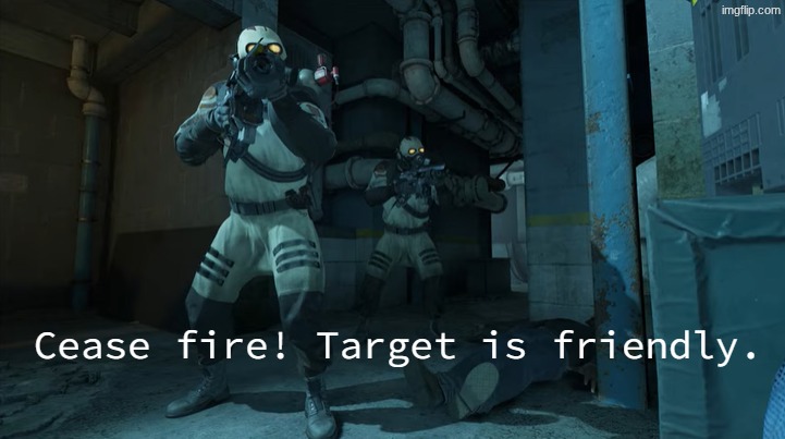 Cease fire! Target is friendly. | image tagged in cease fire target is friendly | made w/ Imgflip meme maker