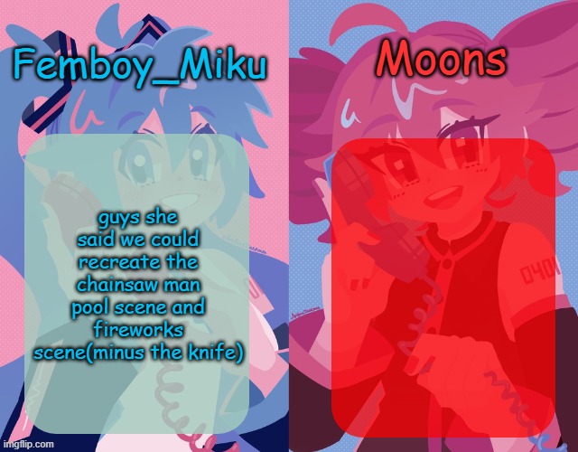 we as in me and her | guys she said we could recreate the chainsaw man pool scene and fireworks scene(minus the knife) | image tagged in miku and moons shared temp | made w/ Imgflip meme maker