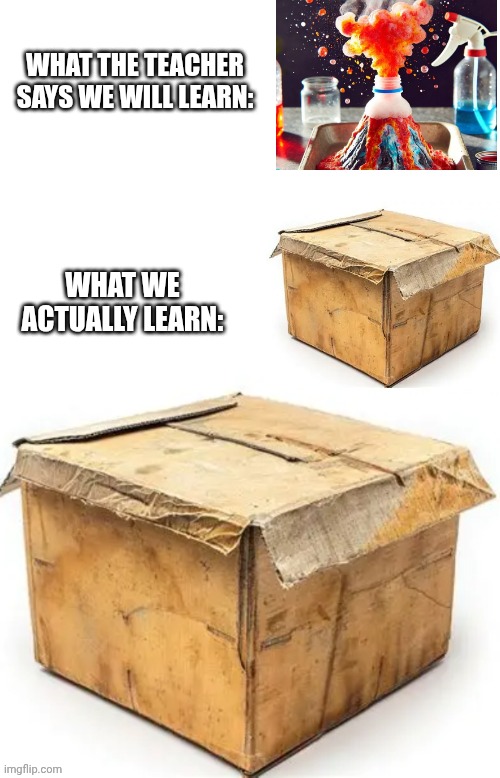 What they say vs. What we actually do | WHAT THE TEACHER SAYS WE WILL LEARN:; WHAT WE ACTUALLY LEARN: | image tagged in blank white template,school | made w/ Imgflip meme maker