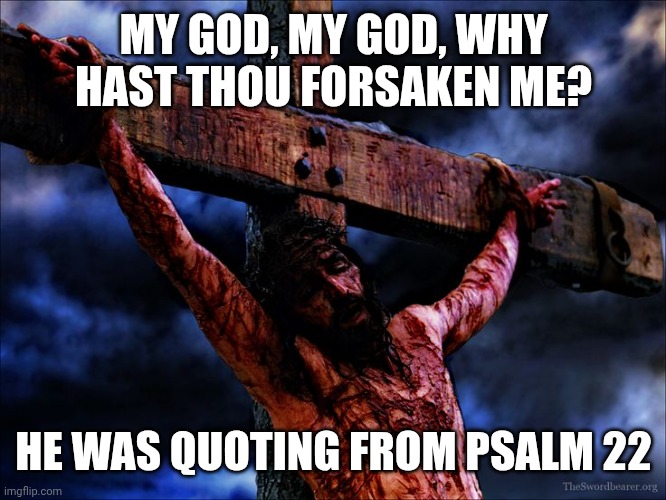 Jesus on the cross | MY GOD, MY GOD, WHY HAST THOU FORSAKEN ME? HE WAS QUOTING FROM PSALM 22 | image tagged in jesus on the cross | made w/ Imgflip meme maker