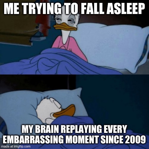 donald duck bed | ME TRYING TO FALL ASLEEP MY BRAIN REPLAYING EVERY EMBARRASSING MOMENT SINCE 2009 | image tagged in donald duck bed | made w/ Imgflip meme maker