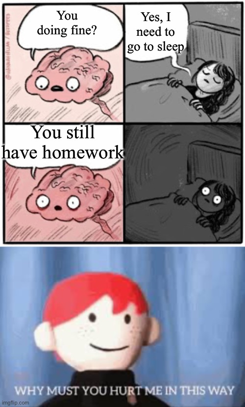 Yes, I need to go to sleep; You doing fine? You still have homework | image tagged in brain before sleep,reality,homework,school,relatable,funny | made w/ Imgflip meme maker