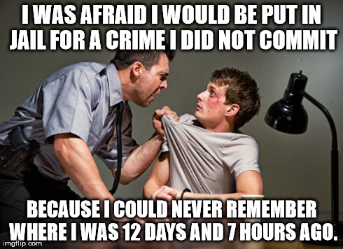 I WAS AFRAID I WOULD BE PUT IN JAIL FOR A CRIME I DID NOT COMMIT BECAUSE I COULD NEVER REMEMBER WHERE I WAS 12 DAYS AND 7 HOURS AGO. | image tagged in AdviceAnimals | made w/ Imgflip meme maker