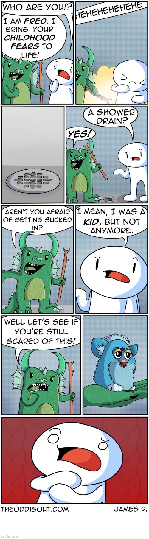 The Odd 1s Out | image tagged in comics,the odd 1s out,monster,childhood,fears,furby | made w/ Imgflip meme maker