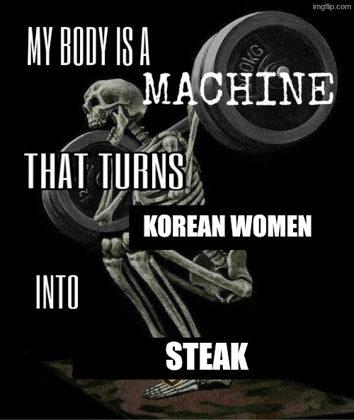My body is machine | KOREAN WOMEN STEAK | image tagged in my body is machine | made w/ Imgflip meme maker