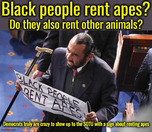 Don't look at me.  I'm a Christian.  I don't believe that we all evolved from apes.  Most of evolutionists are libs. | Black people rent apes? Do they also rent other animals? Democrats truly are crazy to show up to the SOTU with a sign about renting apes | image tagged in rep green just doesn't get the attention he wants,when you vote for lunatics you get lunatics | made w/ Imgflip meme maker