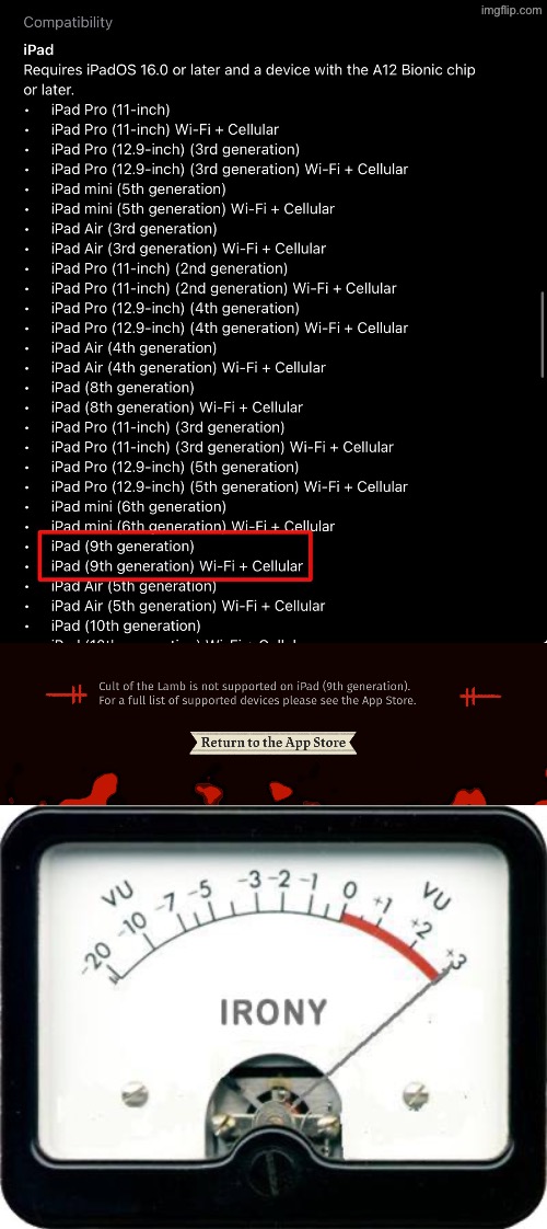 but why, Cult of the Lamb devs, why would you do that? W H Y ? ! | image tagged in irony meter,ipad,you had one job,confused confusing confusion,chest pain,irony | made w/ Imgflip meme maker