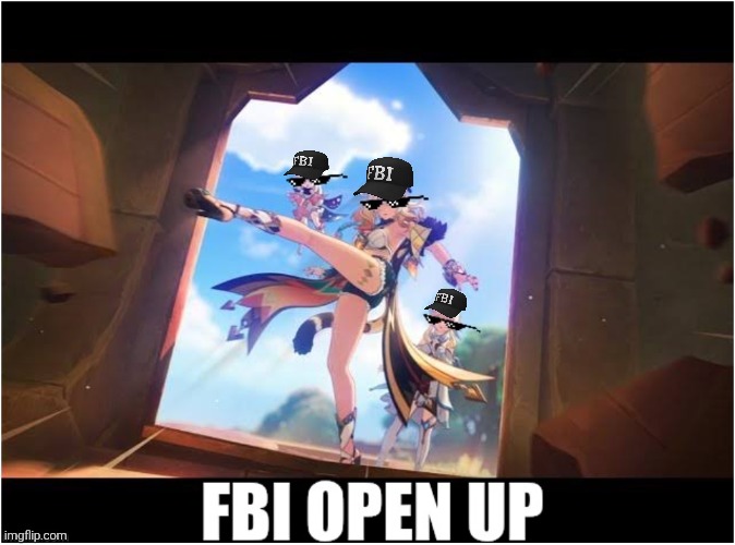 Xilonen Lumine Paimon; FBI OPEN UP | image tagged in xilonen,genshin impact,memes,lumine,paimon | made w/ Imgflip meme maker