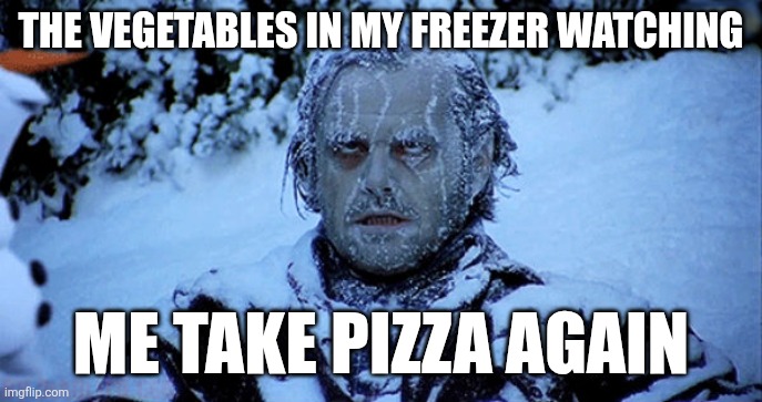 One day I promise | THE VEGETABLES IN MY FREEZER WATCHING; ME TAKE PIZZA AGAIN | image tagged in freezing cold | made w/ Imgflip meme maker