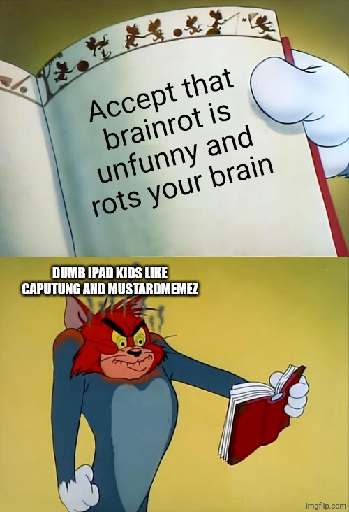 They need to accept that brainrot is unfunny | Accept that brainrot is unfunny and rots your brain; DUMB IPAD KIDS LIKE CAPUTUNG AND MUSTARDMEMEZ | image tagged in angry tom | made w/ Imgflip meme maker