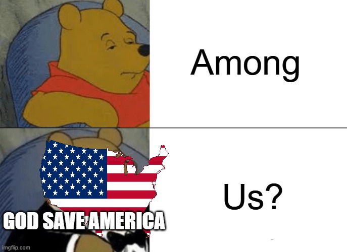 Tuxedo Winnie The Pooh | Among; Us? GOD SAVE AMERICA | image tagged in memes,tuxedo winnie the pooh,america,video games | made w/ Imgflip meme maker