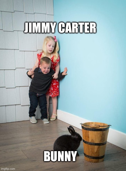 Yes this is a thing | JIMMY CARTER; BUNNY | image tagged in kids scared of rabbit,lol,memes | made w/ Imgflip meme maker
