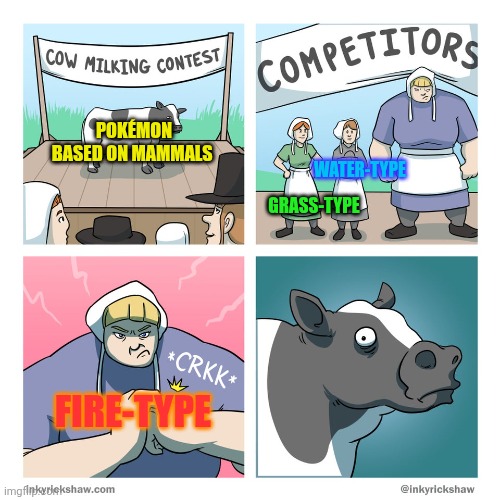 cow milking contest | POKÉMON BASED ON MAMMALS; WATER-TYPE; GRASS-TYPE; FIRE-TYPE | image tagged in cow milking contest,pokemon,fire,grass,water,mammals | made w/ Imgflip meme maker